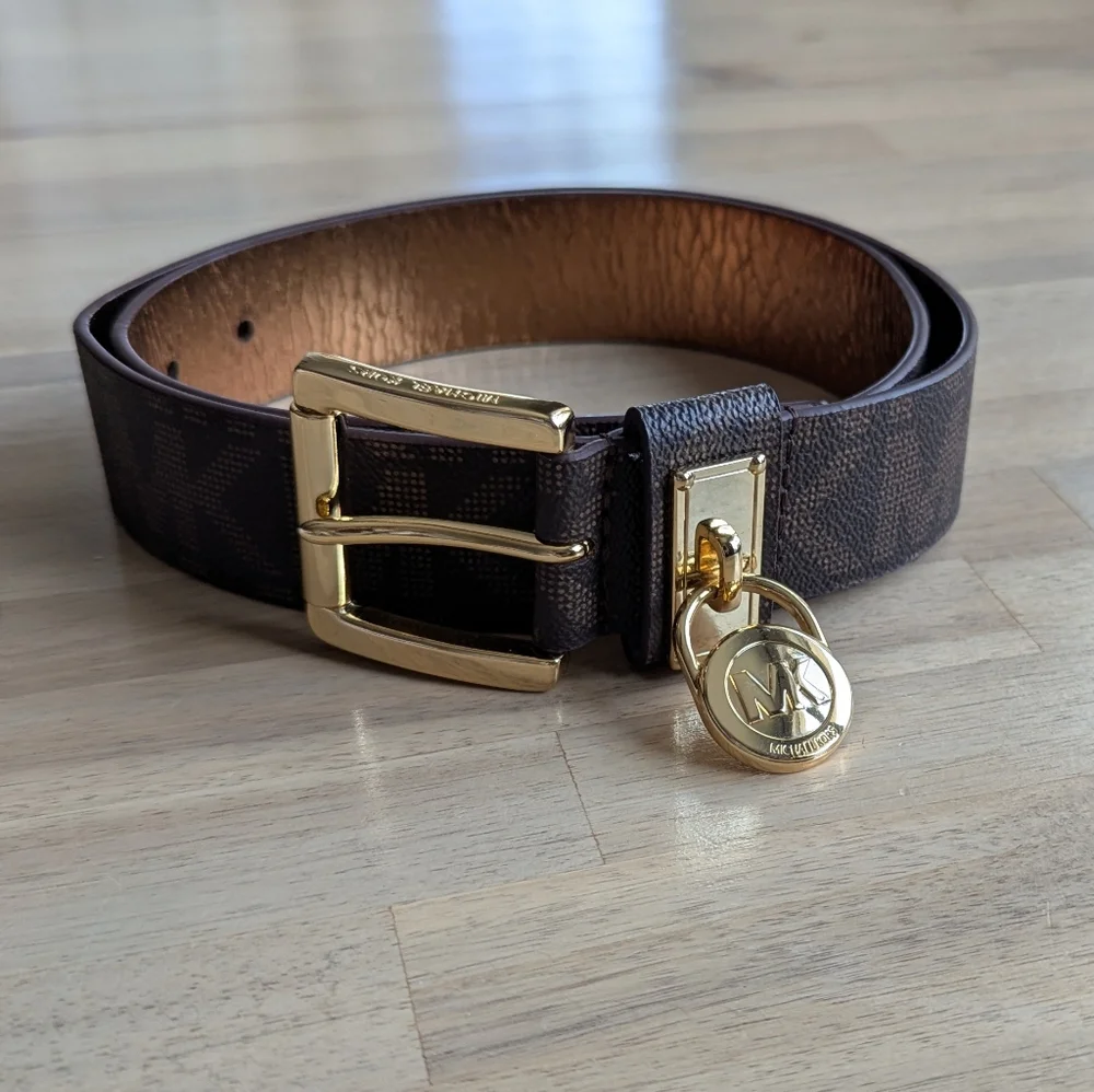 Michael Kors‎ Women's MK Signature Hamilton Lock Monogram Belt Chocolate